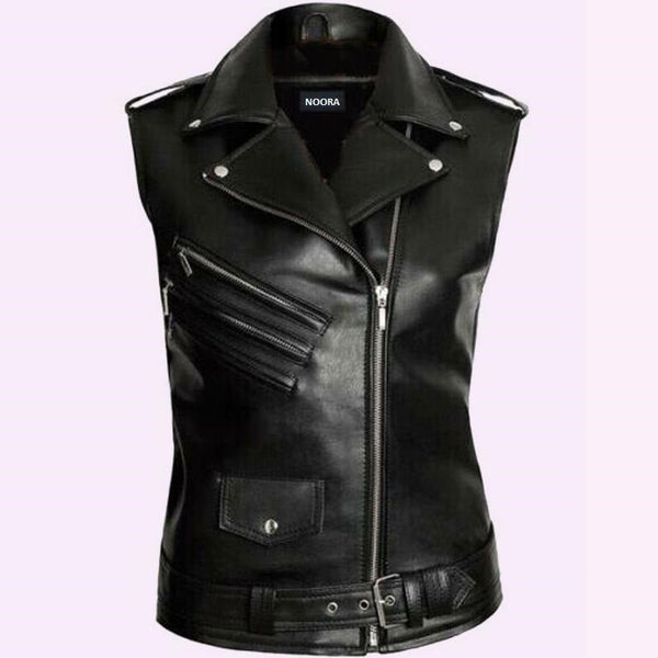 Noora New Womens Lambskin Black Leather Vest Coat With Belted, Designer Biker Sleeveless Coat YK0239 - Noora International