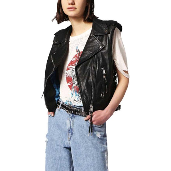 Noora New Womens Lambskin BLACK Leather Vest Coat With Sleeveless, Braided Designer Biker Coat YK0210 - Noora International