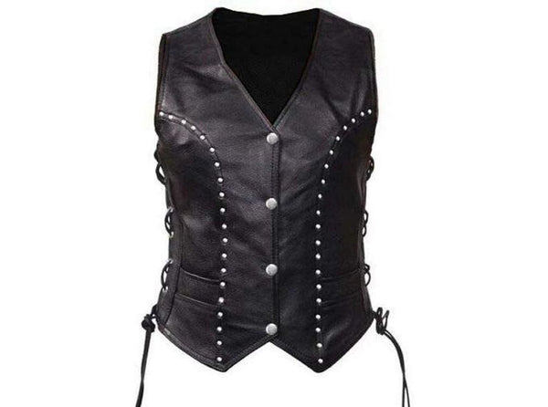 Noora New Womens Lambskin Black Leather Vest Coat With Studded | Braided Designer Biker Coat YK0238 - Noora International