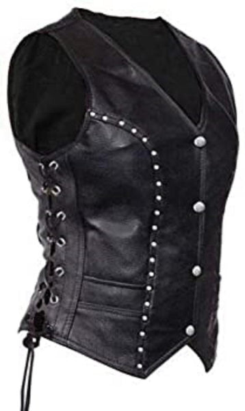 Noora New Womens Lambskin Black Leather Vest Coat With Studded | Braided Designer Biker Coat YK0238 - Noora International