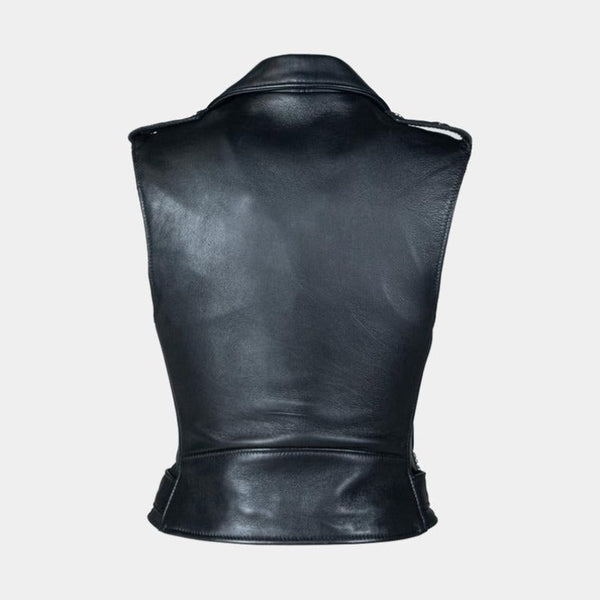Noora New Womens Lambskin Black Leather Vest Coat With Zipper, Designer Biker Belted Coat, Retro Style Jacket YK0236 - Noora International