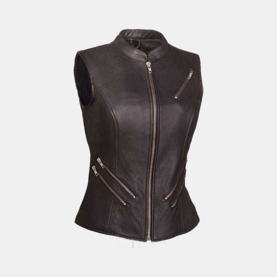 Womens Lambskin Black Leather Vest Coat With Zipper & Pocket, Casual Biker Coat