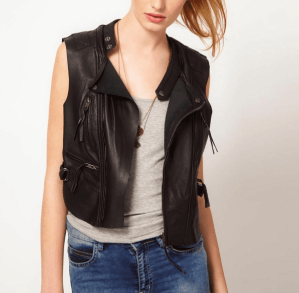 Noora New Womens Lambskin BLACK Leather Vest Coat With Zipper & Pocket | Designer Biker Coat For Girls YK076 - Noora International