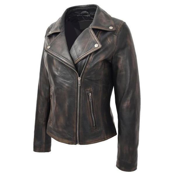 Noora New Womens Lambskin Black Rub Off Leather Jacket, Biker Style Jacket, Best Gift For Winter YK0245 - Noora International