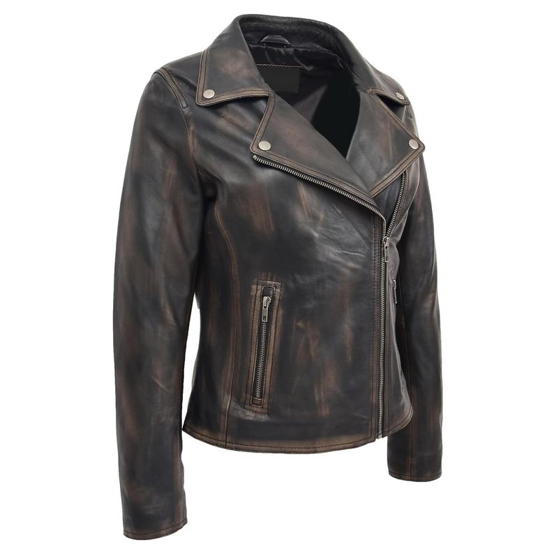 Womens Lambskin Black Rub Off Leather Jacket, Biker Style Jacket, Best – view 3
