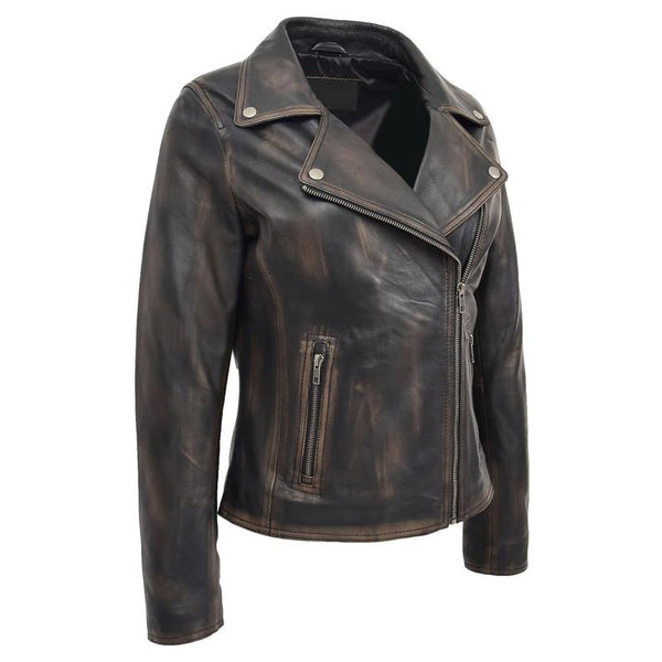 Noora New Womens Lambskin Black Rub Off Leather Jacket, Biker Style Jacket, Best Gift For Winter YK0245 - Noora International