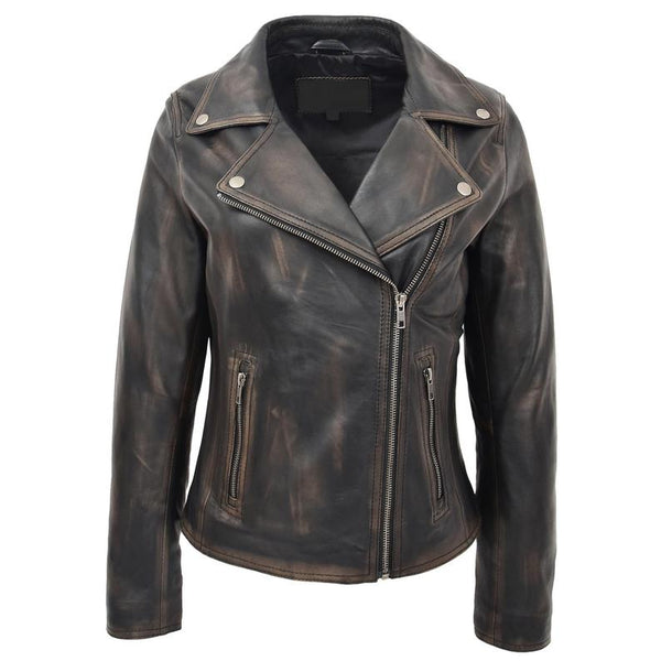 Noora New Womens Lambskin Black Rub Off Leather Jacket, Biker Style Jacket, Best Gift For Winter YK0245 - Noora International