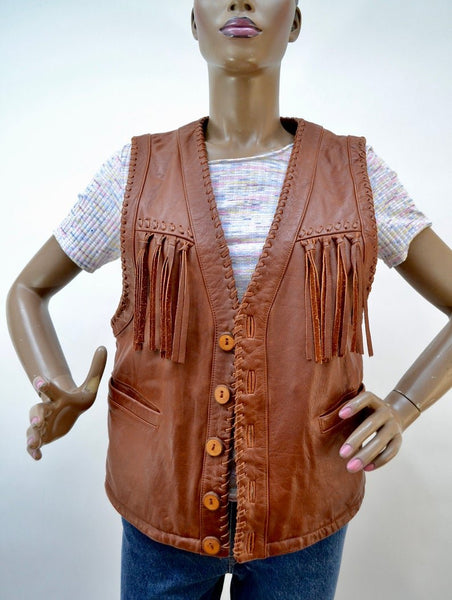 Noora New Womens Lambskin Brown Leather Vest Coat With Sleeveless Fringe Braided Designer Biker Coat | JS15 - Noora International