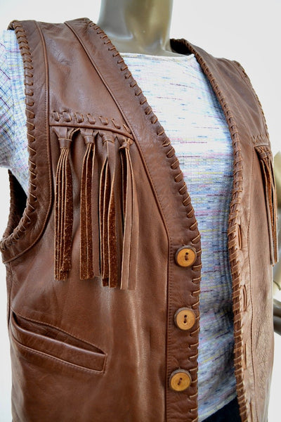 Noora New Womens Lambskin Brown Leather Vest Coat With Sleeveless Fringe Braided Designer Biker Coat | JS15 - Noora International