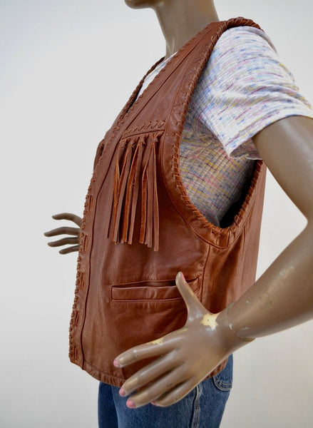 Noora New Womens Lambskin Brown Leather Vest Coat With Sleeveless Fringe Braided Designer Biker Coat | JS15 - Noora International