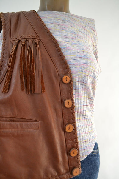 Noora New Womens Lambskin Brown Leather Vest Coat With Sleeveless Fringe Braided Designer Biker Coat | JS15 - Noora International