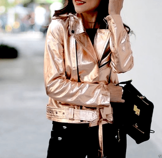 Noora New Women's Lambskin Rose Gold Leather Belted Biker Jacket With Black Zipper & Snap | Shiny Leather Jacket SU852 - Noora International