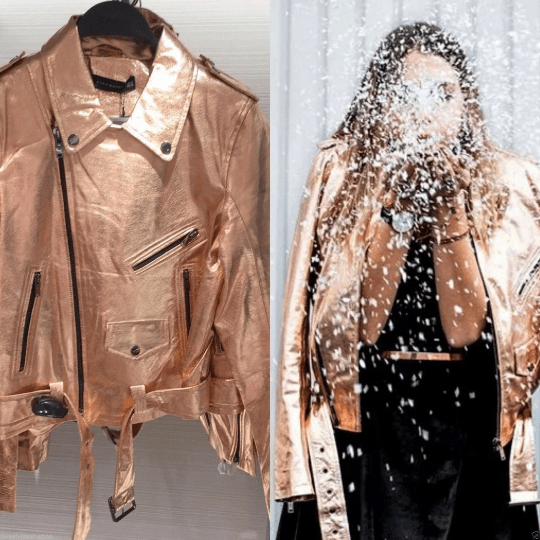 Noora New Women's Lambskin Rose Gold Leather Belted Biker Jacket With Black Zipper & Snap | Shiny Leather Jacket SU852 - Noora International