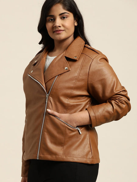 NOORA New Women's Lambskin Shiny Brown Leather Jacket, Biker Jacket, Casual Wear Jacket, Glossy Designer Plus Size Jacket YK0219 - Noora International
