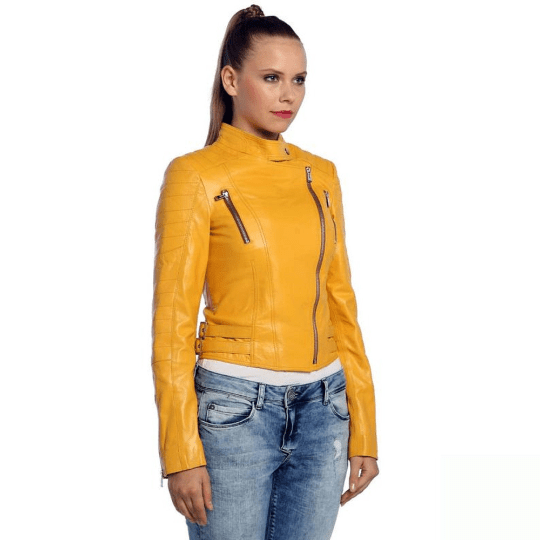 NOORA New Womens Lambskin yellow Leather Jacket, Biker Slim Fit Quilted Designer Jacket, Glossy Jacket YK066 - Noora International