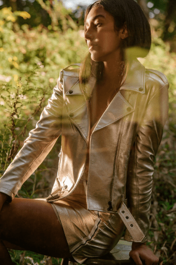 Noora New Women's METALLIC GOLD Leather Jacket, PARTY Wear Jacket, Biker Jacket, With Belted Buckle Bottom, Flap Pocket, Zipper UN20 - Noora International