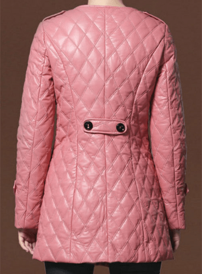 Noora New Womens Real Lambskin Baby Pink Leather Coat With button, Quilted Designer Trench Collarless Coat YK061 - Noora International
