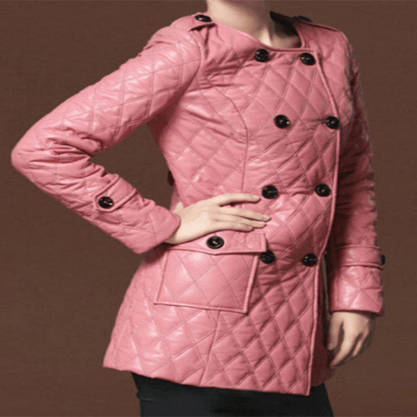 Noora New Womens Real Lambskin Baby Pink Leather Coat With button, Quilted Designer Trench Collarless Coat YK061 - Noora International