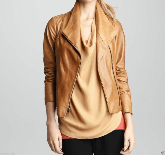NOORA New Womens Stylish Lambaskin Camel Tan Leather Jacket | Glossy Biker Jacket YK056 - Noora International