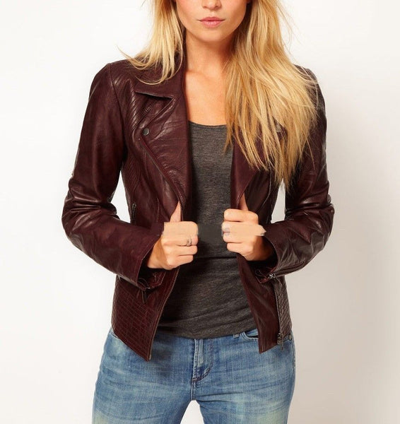 Noora New Women's Stylish Lambskin Leather Burgundy Color Jacket, Motorcycle Biker Leather Jacket, Casual Wear, Party Wear Jacket Long Slevees Jacket UN001 - Noora International