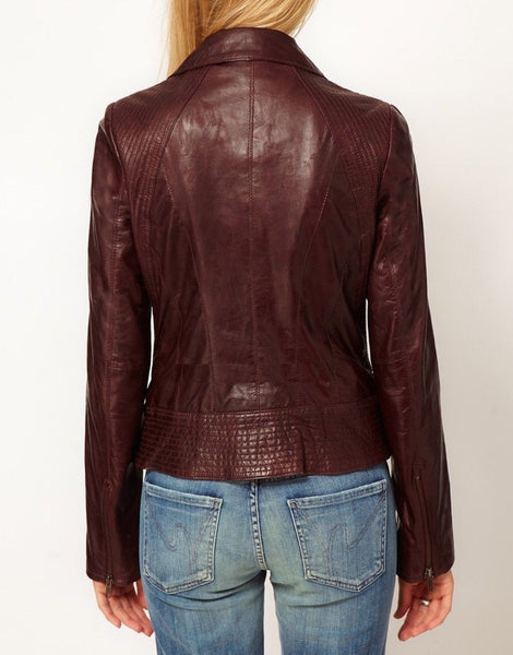 Noora New Women's Stylish Lambskin Leather Burgundy Color Jacket, Motorcycle Biker Leather Jacket, Casual Wear, Party Wear Jacket Long Slevees Jacket UN001 - Noora International