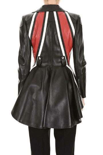 Noora New Women's Stylish RED Stripped Peplum Designer Lambskin Leather Black Jacket UN17 - Noora International