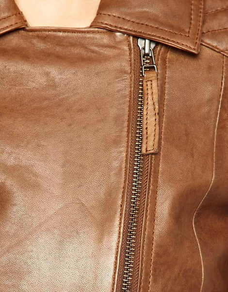 Noora New Women's Stylish & Trendy Look Tan Color Lambskin Leather Biker Jacket With One Sided Zipper - Noora International