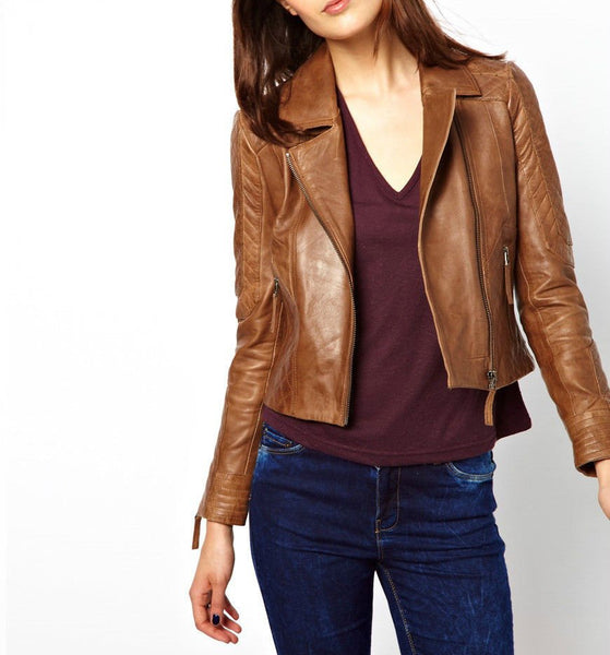 Noora New Women's Stylish & Trendy Look Tan Color Lambskin Leather Biker Jacket With One Sided Zipper - Noora International