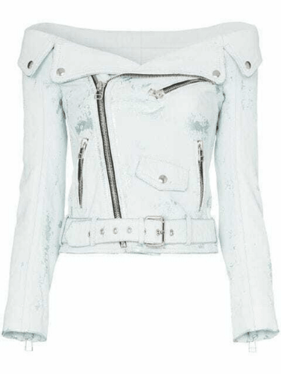 NOORA New Women's White Leather Biker Jacket With Long Slevees, Fade Effected ,Buckle Belt, Zipped Packets & Metal Snaps UN023 - Noora International