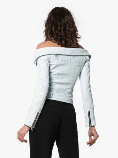 NOORA New Women's White Leather Biker Jacket With Long Slevees, Fade Effected ,Buckle Belt, Zipped Packets & Metal Snaps UN023 - Noora International