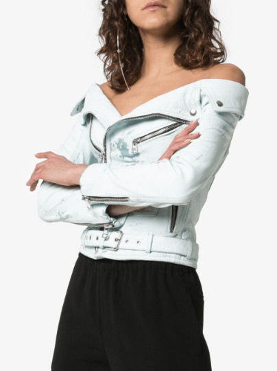 NOORA New Women's White Leather Biker Jacket With Long Slevees, Fade Effected ,Buckle Belt, Zipped Packets & Metal Snaps UN023 - Noora International