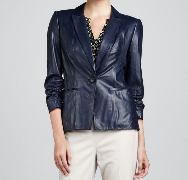 Noora New Women's/Girls Lambskin Leather Navy Blue Motorcycle café Racer, Ladies Office Blazer/Coat, Lapel Collared With Button YK11 - Noora International