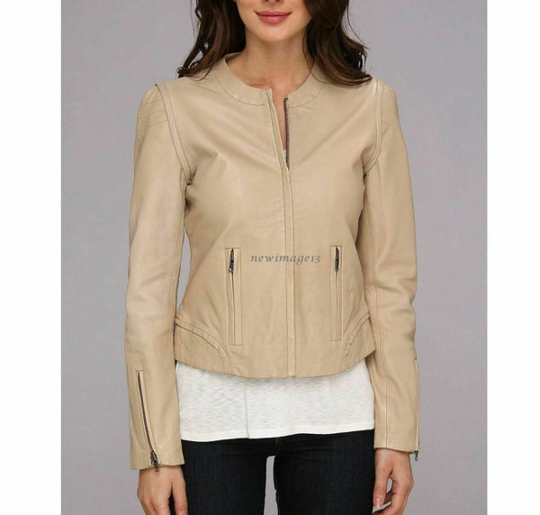 Noora NEW100% GENUINE WOMEN SOFT LAMBSKIN BEIGE LEATHER BOMBER BIKER JACKET QD17 - Noora International