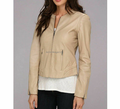 Newgenuine Women Soft Lambskin Beige Leather Bomber Biker Jacket