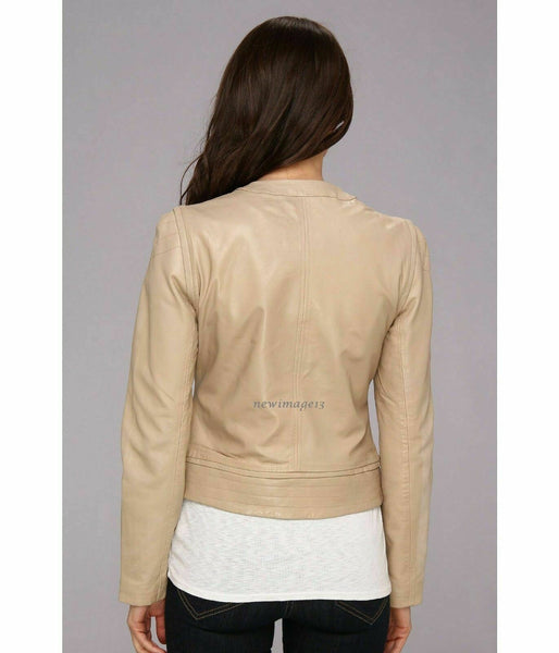 Noora NEW100% GENUINE WOMEN SOFT LAMBSKIN BEIGE LEATHER BOMBER BIKER JACKET QD17 - Noora International