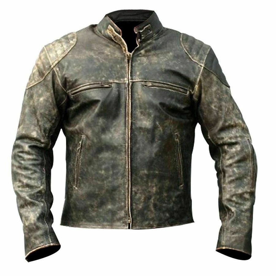 Old School Biker Vintage Cafe Racer Distressed Black Leather Jacket