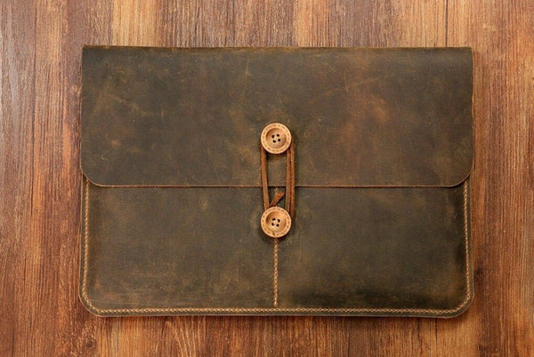 NOORA personalized BROWN MACBOOK Leather File Folder Portfolio Button Tie Closure Customised business travel organizer case - Noora International