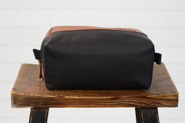 Noora Personalized Leather Dopp Kit ,Groomsmen Gift Leather Toiletry Bag or Travel Case| Father's Day Gift | Black and Tan Leather SU0167 - Noora International