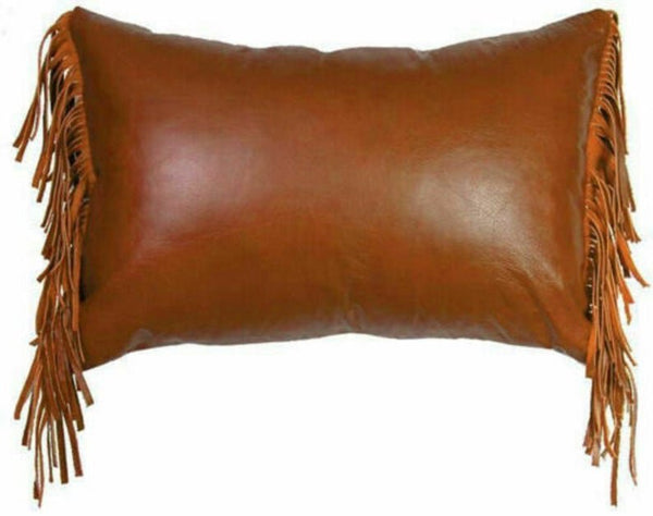 NOORA Pure leather Side Fringe pillow Cover Style Red/Blue/Black/brown/maroon/grey,Leather Cushion Ractangle Cover, Housewarming Gift PS564 - Noora International