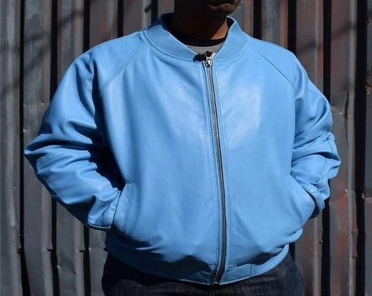 Noora Real Lambskin Men's Light Blue Leather Biker Jacket, Bomber Style Party Wear Leather Jacket - SK 010 - Noora International