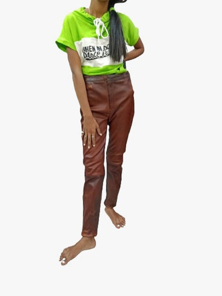 NOORA Real Women's Lambskin Leather Antique Wine Brown Biker skinny Fit Pant ST16 - Noora International