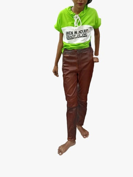 NOORA Real Women's Lambskin Leather Antique Wine Brown Biker skinny Fit Pant ST16 - Noora International