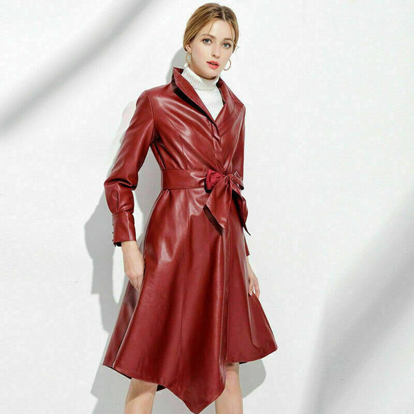 Noora Red Lambskin Leather Trench Coat Slim Fit Red Trench Long Coat With Stand Collar, Christmas Gift - Noora International