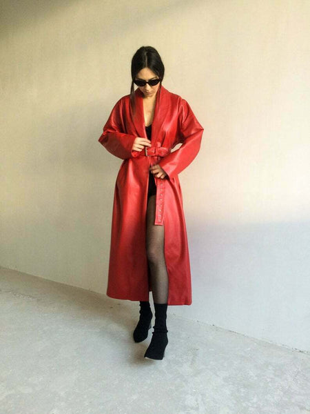 NOORA Red leather trench coat,70s leather coat, long leather coat,red Jacket - Noora International