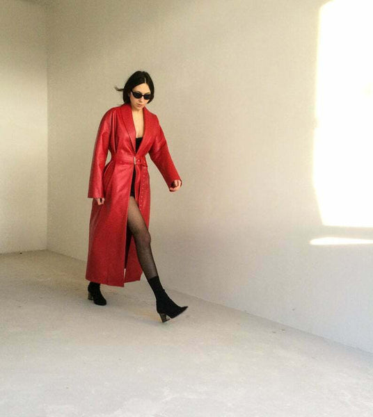 NOORA Red leather trench coat,70s leather coat, long leather coat,red Jacket - Noora International