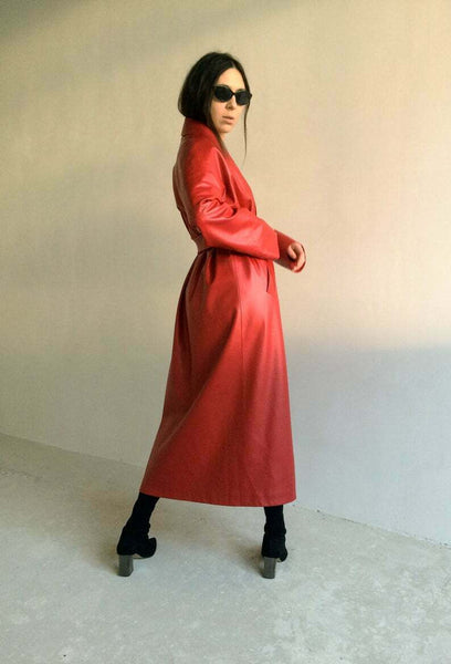 NOORA Red leather trench coat,70s leather coat, long leather coat,red Jacket - Noora International