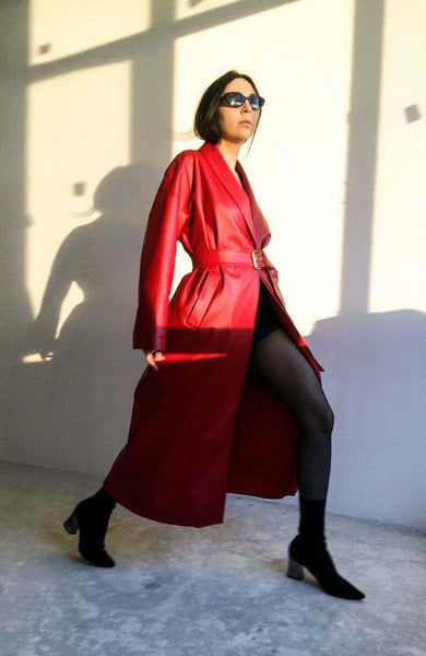 NOORA Red leather trench coat,70s leather coat, long leather coat,red Jacket - Noora International