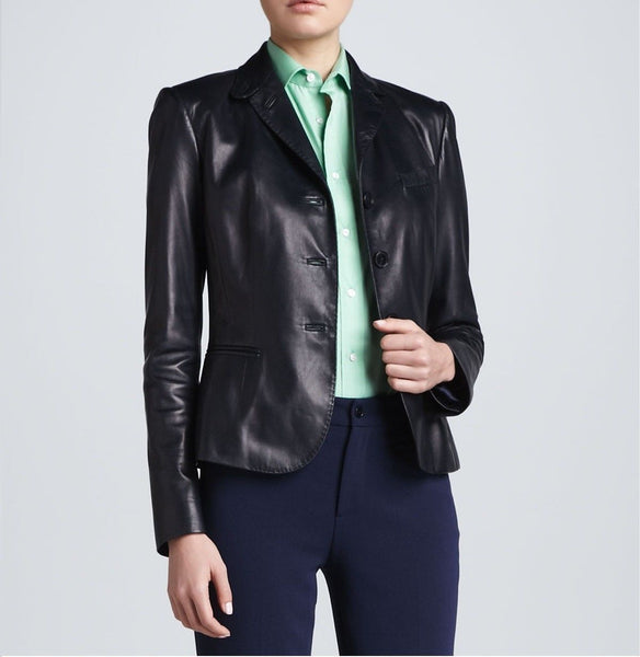 Noora Simple Black Leather Blazer Jacket For women ST0218 - Noora International