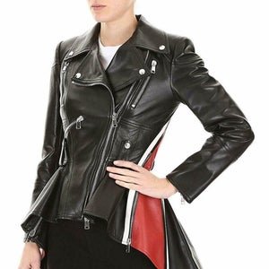 Noora Stylish Lambskin Red Stripped Peplum Designer Jacket Soft Leather Women Black Genuine Leather Trench Coat - Noora International