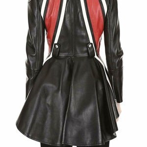 Noora Stylish Lambskin Red Stripped Peplum Designer Jacket Soft Leather Women Black Genuine Leather Trench Coat - Noora International